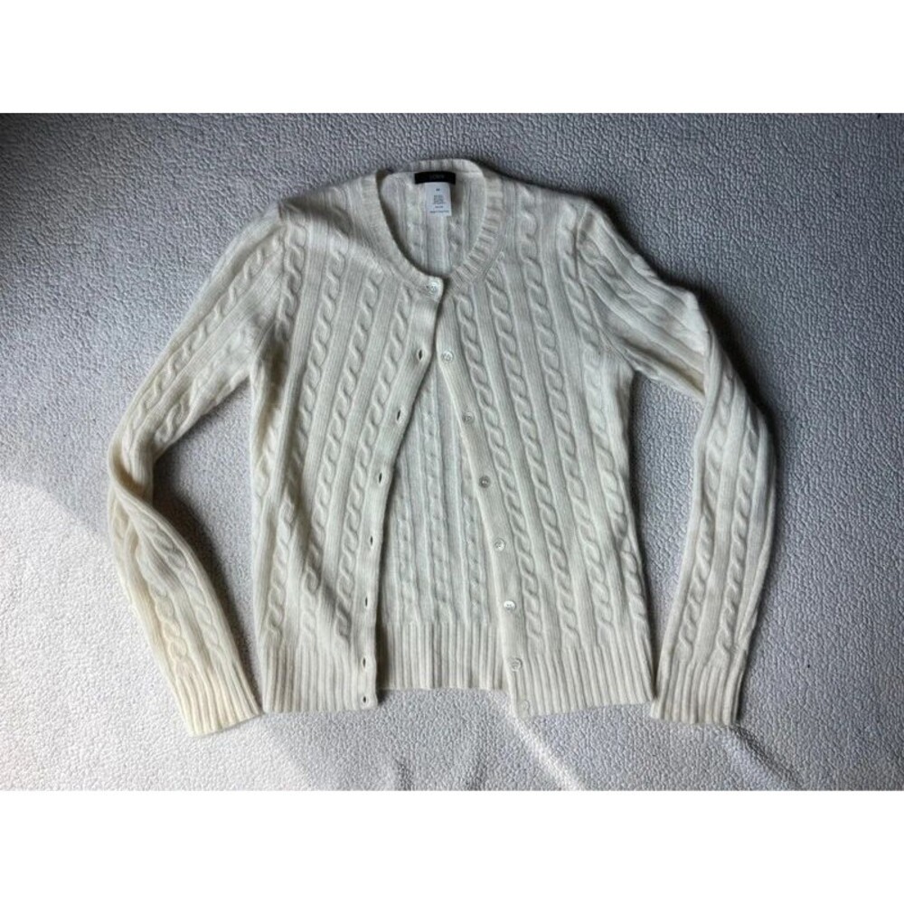 J. Crew White Cable Knit Cardigan Wool Blend Angora Rabbit Hair Womens XS
